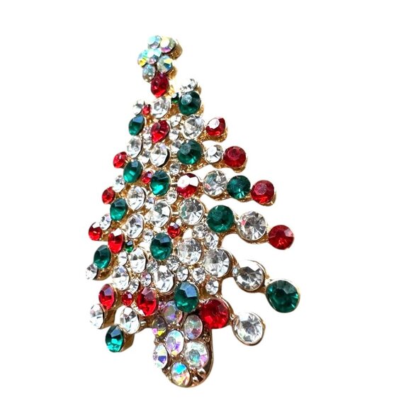 Rhinestone Christmas Tree Brooch Pin New Aurora Borealis Red Green Flow… - Picture 8 of 9